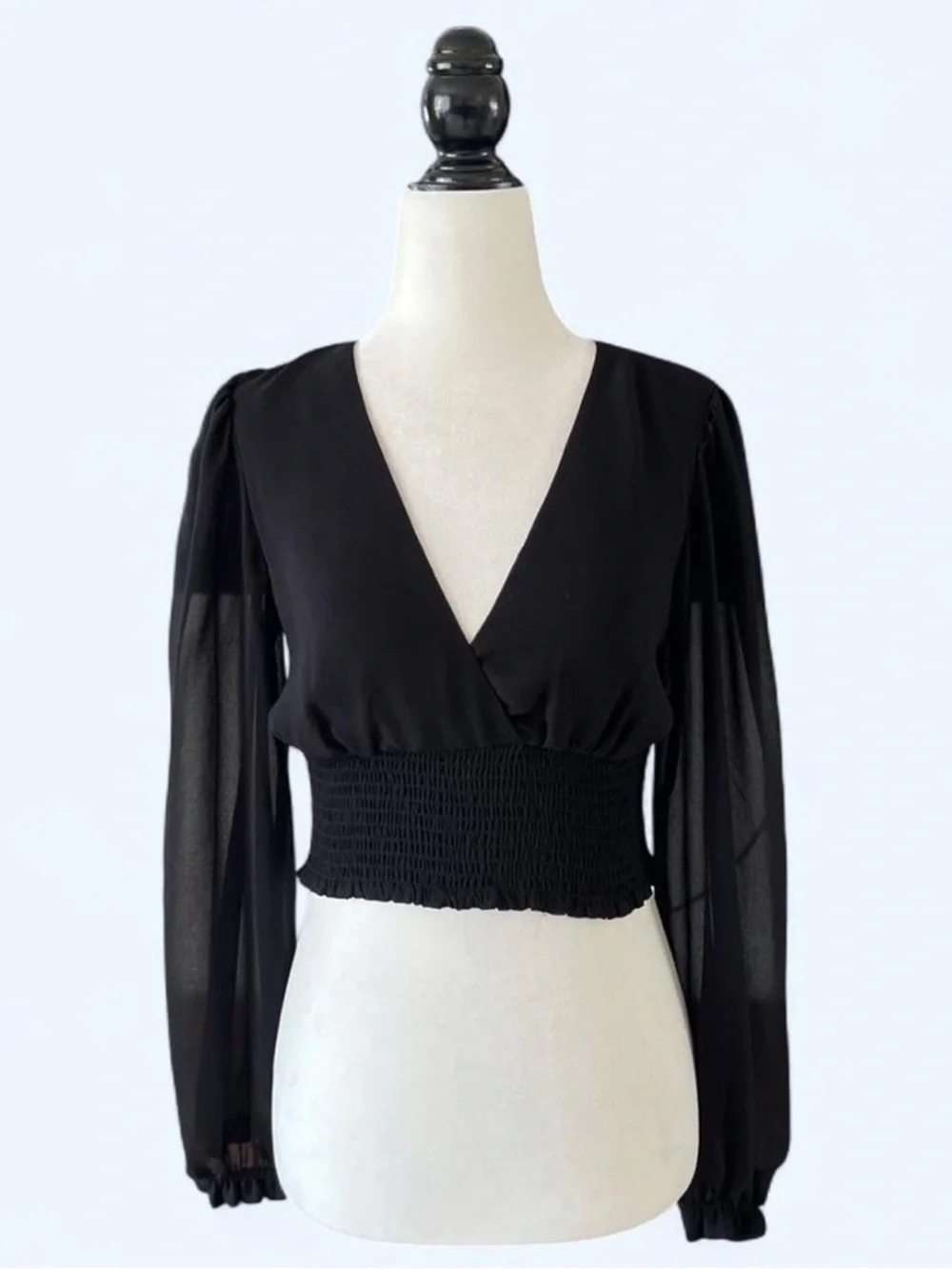 Wilfred Black Sheer Wistful Smocked Waist V-Neck Feminine Blouse Goth Fairy XS - Picture 3 of 9